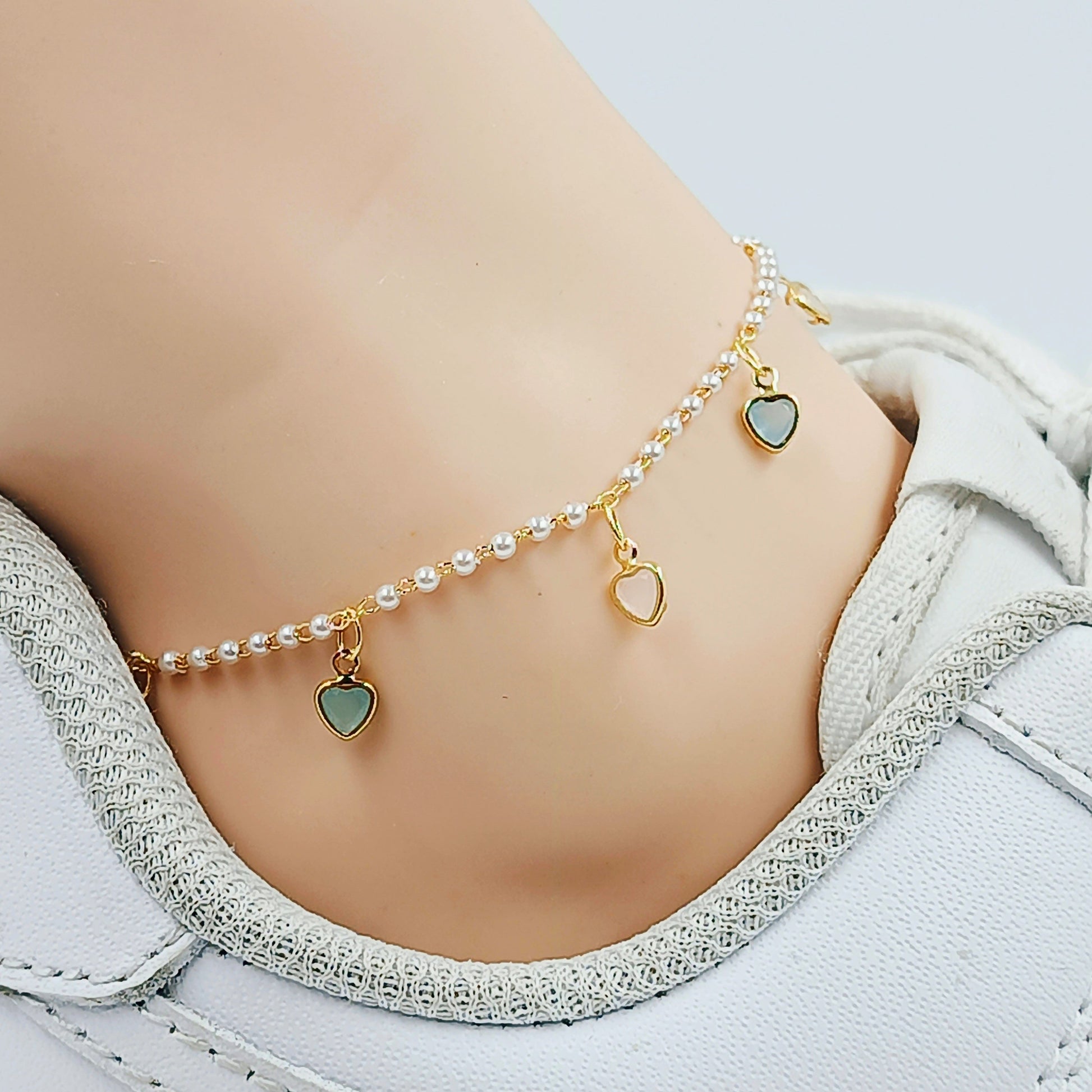 Tobillera perlas corazon pastel 