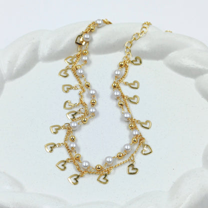 Tobillera doble perla corazones