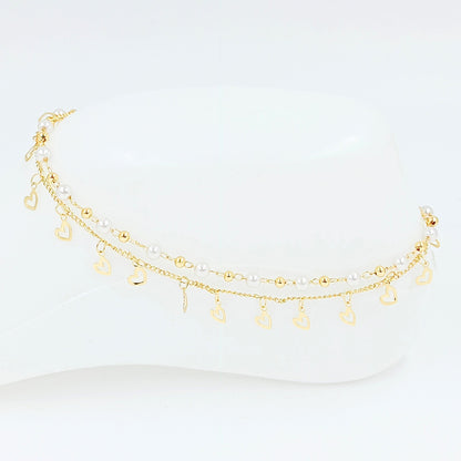 Tobillera doble perla corazones